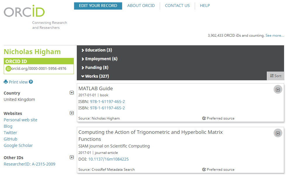 Author Nicholas Higham’s ORCID page offers an example of the identifier’s unique layout. Image courtesy of Nicholas Higham.