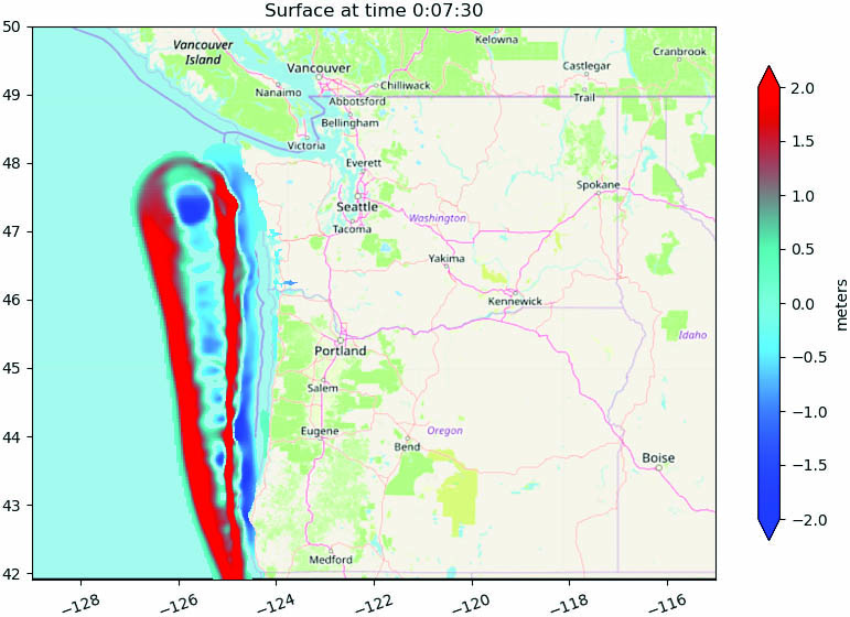 &lt;strong&gt;Figure 1.&lt;/strong&gt; Tsunami simulation of a synthetic earthquake rupture off the coast of the Pacific Northwest in North America [1]. Image courtesy of Randall LeVeque and map © &lt;a href=&quot;https://www.openstreetmap.org/copyright&quot; rel=&quot;noopener noreferrer&quot; target=&quot;_blank&quot;&gt;OpenStreetMap contributors&lt;/a&gt;.