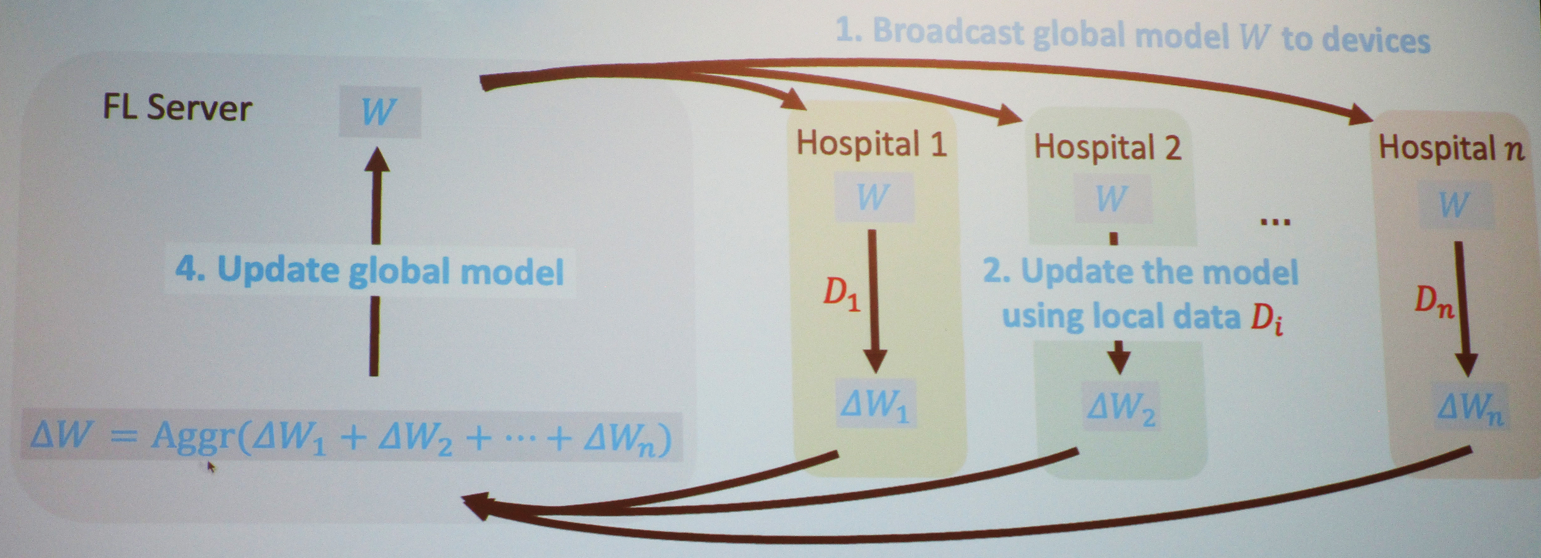 &lt;strong&gt;Figure 1.&lt;/strong&gt; Workflow of federated learning within a network of hospitals. Figure courtesy of Rui Hu.