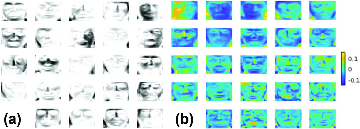 <strong>Figure 1.</strong> Analysis of face data from the Yale Face Database. <strong>1a.</strong> Face “topics” from nonnegative matrix factorization; the scale is 0 (white) to 255 (black). <strong>1b.</strong> Face principal components from principal component analysis. Figure courtesy of Deanna Needell.