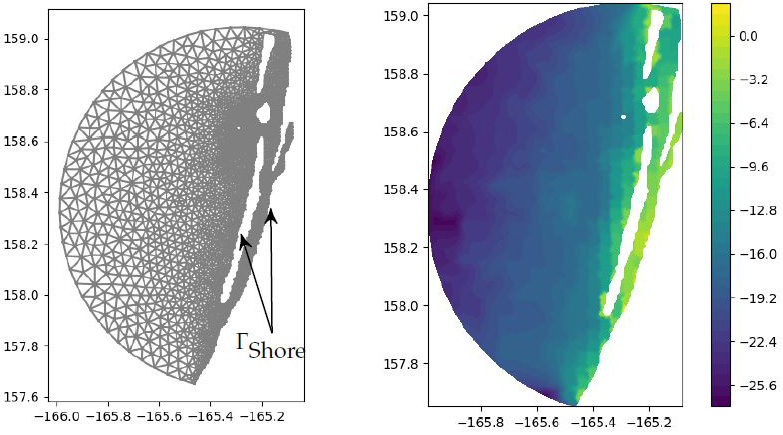 &lt;strong&gt;Figure 2.&lt;/strong&gt; Mesh representation and sediment height of the Langue de Barbarie. Figure courtesy of [6].