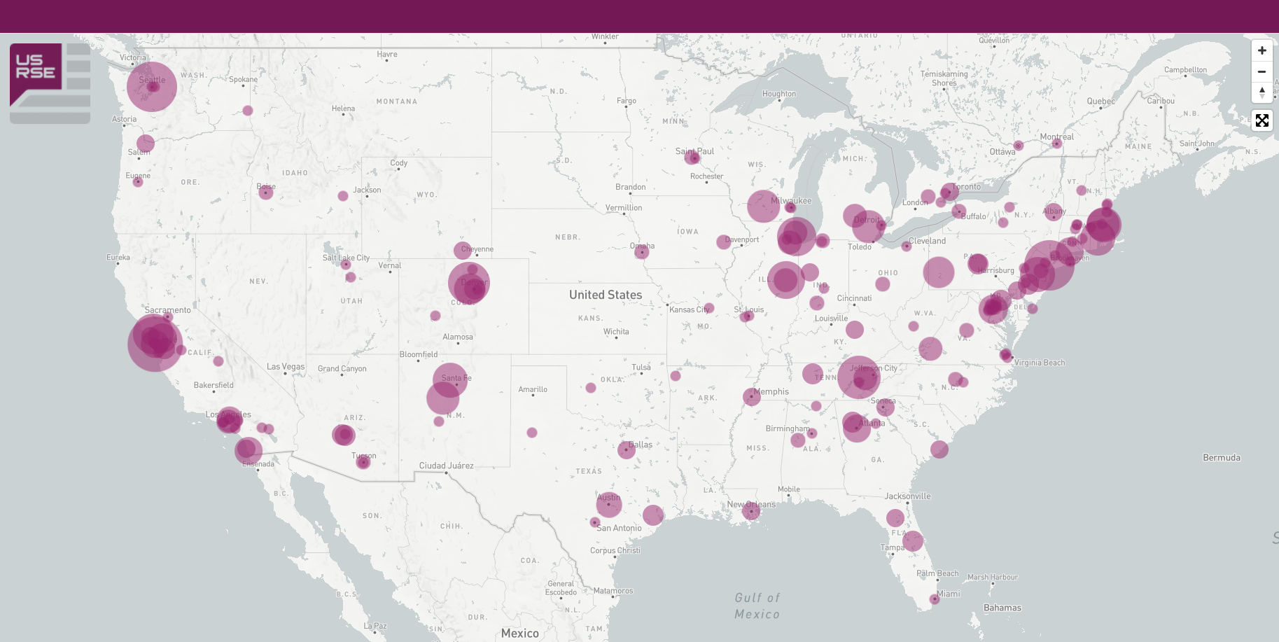 <strong>Figure 2.</strong> US-RSE membership is growing steadily; members are located throughout the U.S. and internationally.