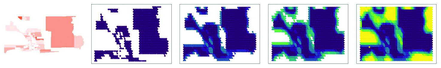 &lt;strong&gt;Figure 2.&lt;/strong&gt; Construction of a filtered simplicial complex using a level-set approach on California’s Imperial County. The initial simplicial complex consists of a triangulation of a map of all red precincts. We then evolve this surface outward and color the simplices based on the order in which they enter the filtered simplicial complex. Figure courtesy of [1].