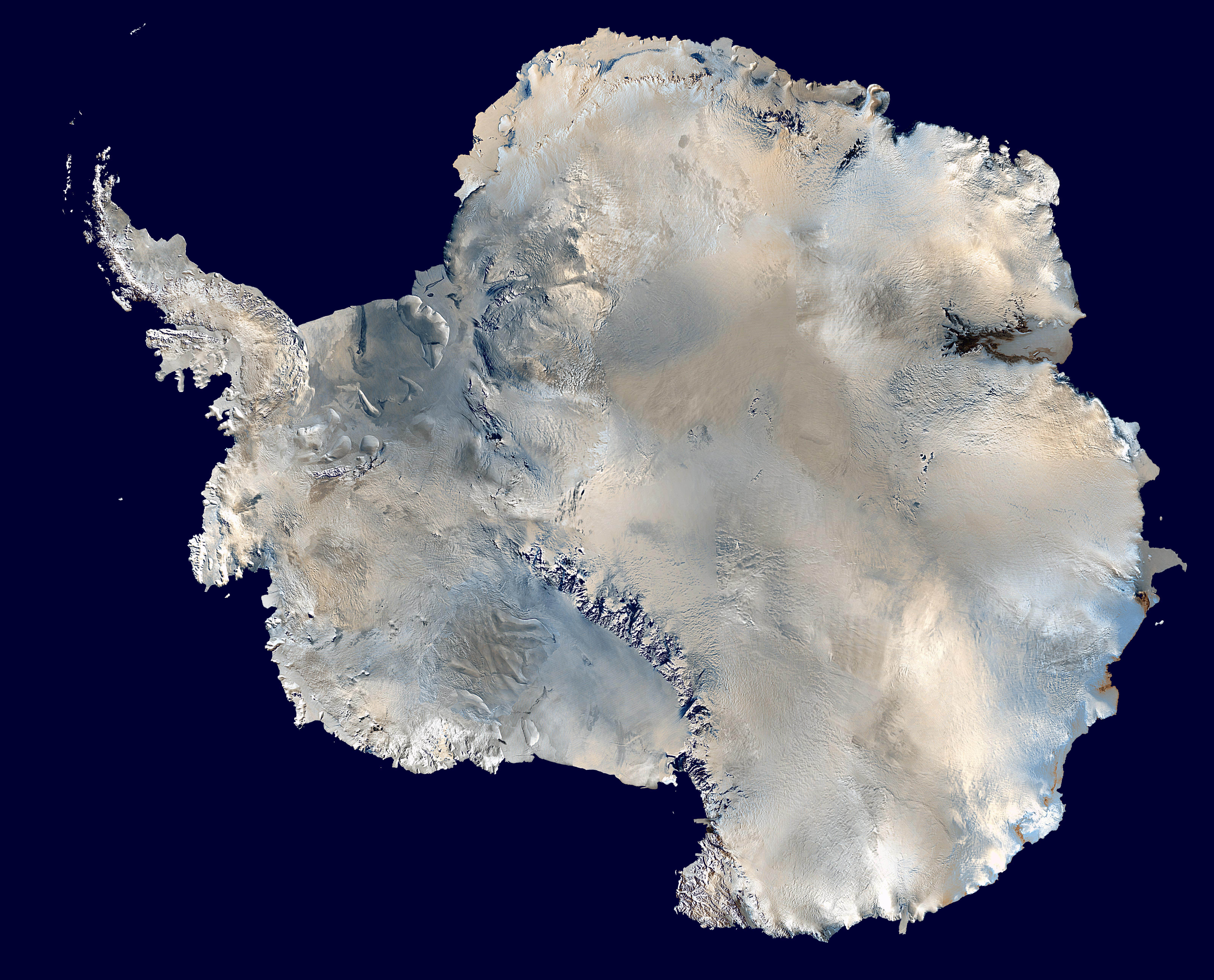 <strong>Figure 1.</strong> Satellite composite image of the Antarctic ice sheet, which covers 98 percent of the continent. Public domain image courtesy of <a href="https://en.wikipedia.org/wiki/Antarctic_ice_sheet#/media/File:Antarctica_6400px_from_Blue_Marble.jpg" target="_blank">Dave Pape</a>.