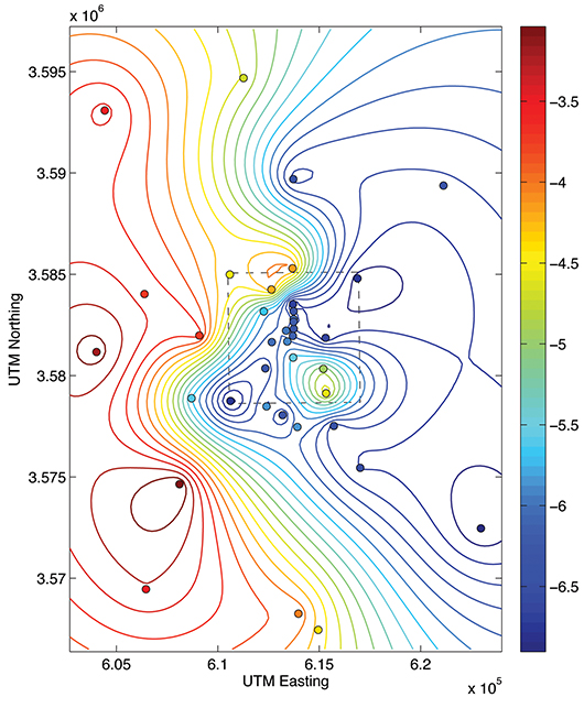 <strong>Figure 2.</strong> The colored dots indicate the location and value of transmissivity measurements taken in the WIPP area (dashed box) and nearby. The contour lines represent the kriging interpolant used to generate the input of the UQ simulation.
