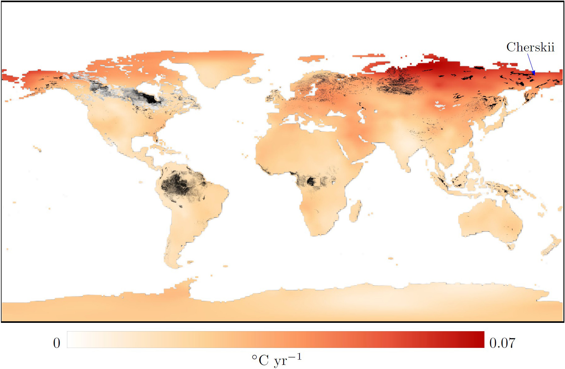 &lt;strong&gt;Figure 1.&lt;/strong&gt; Historical global rates of warming from the period of 1951-1980 to the period of 2017-2021, based on observations from &lt;a href=&quot;http://berkeleyearth.org/data/&quot; rel=&quot;noopener noreferrer&quot; target=&quot;_blank&quot;&gt;Berkeley Earth&lt;/a&gt;. Black and gray areas signify the global distribution of carbon-rich peat soils from PEATMAP [12]. The largest warming rates occur at higher latitudes in areas with a significant concentration of peat soils, such as Cherskii in northern Siberia. Figure courtesy of [7].
