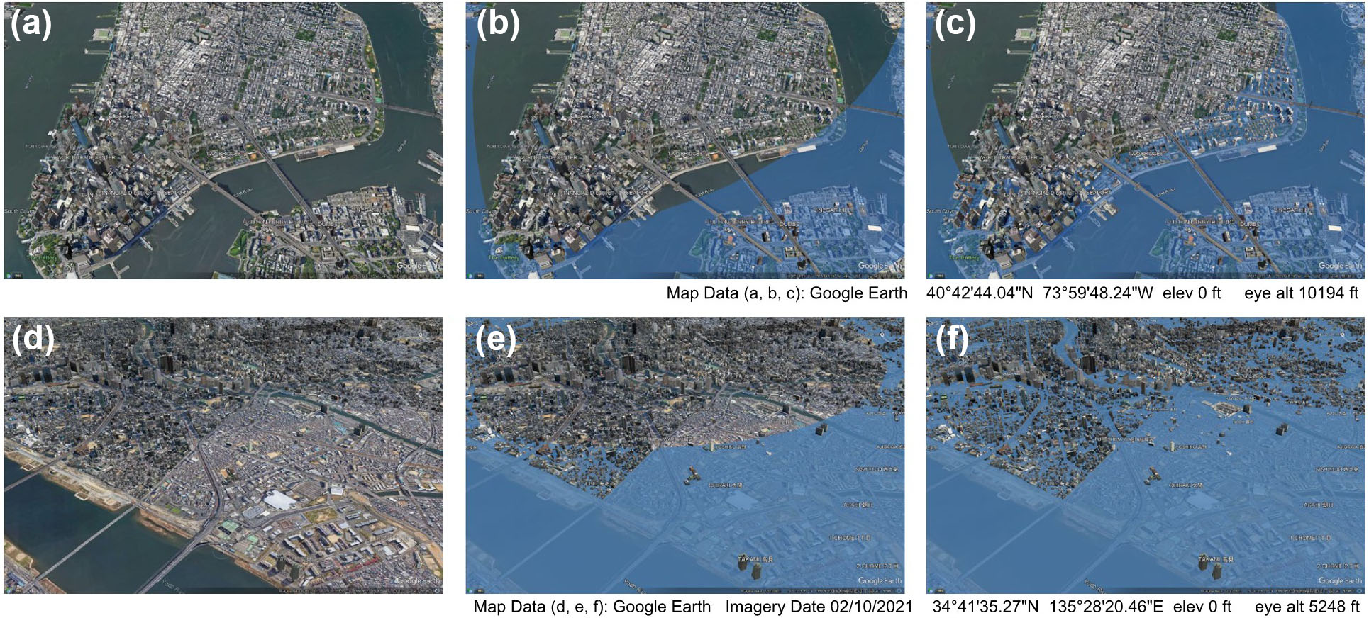 &lt;strong&gt;Figure 2.&lt;/strong&gt; Three-dimensional Google Earth simulations that illustrate regional mean sea level increases of zero, one, and two meters from current levels for New York City &lt;strong&gt;(2a-2c)&lt;/strong&gt; and Osaka, Japan &lt;strong&gt;(2d-2f)&lt;/strong&gt;. As a source of comparison, our analysis indicates that New York City’s regional mean sea level will rise to 680.20 millimeters (mm) above the current level under the United Nations Conference on Climate Change (COP26) restrictions, 867.79 mm above the current level with no restrictions, and 1269.97 mm above the current level in the Shared Socioeconomic Pathways SSP5-8.5 greenhouse gas emissions scenario [4]. Osaka’s regional mean sea level will respectively rise to 739.75 mm above the current level under the COP26 restrictions, 939.49 mm above the current level with no restrictions, and 1366.68 mm above the current level in the SSP5-8.5 scenario. These projections underscore the urgent need for drastic actions to mitigate future climate change impacts. Figure courtesy of [6].