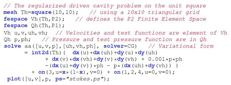 &lt;strong&gt;Figure 1.&lt;/strong&gt; FreeFem++ code for the cavity-driven Stokes problem in 2D.