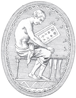 Figure 4.1 from &lt;em&gt;Numerical Notation.&lt;/em&gt; The Etruscan “abacus-gem” (CII 2578 ter) showing a figure seated at a board working with Etruscan numerals. Source: Fabretti 1867: 224. Courtesy of Cambridge University Press.