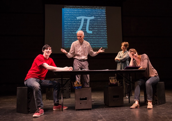 Student performers Chaz Atkinson and Savannah Jo Chamberlain (foreground) “take over when their professors have battled themselves to an impasse.” Manil Suri and Michele Osterow, the professors, play themselves and are also the playwrights.