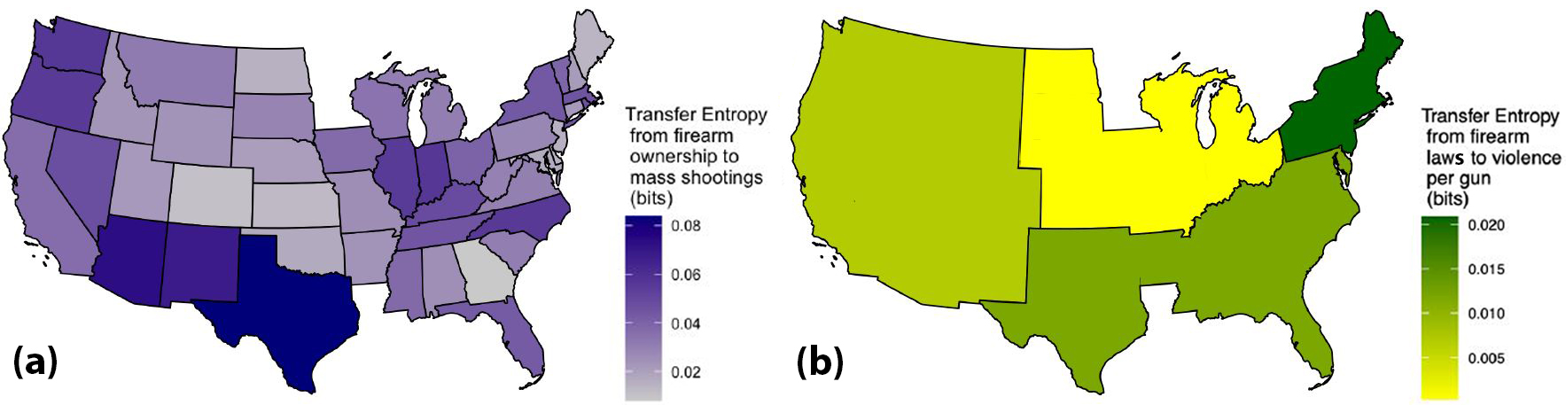 &lt;strong&gt;Figure 1.&lt;/strong&gt; Results of transfer entropy analyses that utilize the output of a spatiotemporal econometric model. &lt;strong&gt;1a.&lt;/strong&gt; Amount of transfer entropy from firearm ownership to mass shootings on a state level. &lt;strong&gt;1b.&lt;/strong&gt; Amount of transfer entropy from firearm laws to “violence per gun” on a regional level. Figure courtesy of the authors.