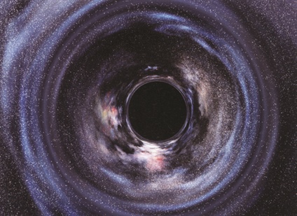 <strong> Figure 2. </strong> The stars in Gargantua’s galaxy as seen around the black hole’s shadow, depicted in Figure 3.3 in the book. The black hole bends the light rays coming from each star, “gravitationally lensing” the galaxy.