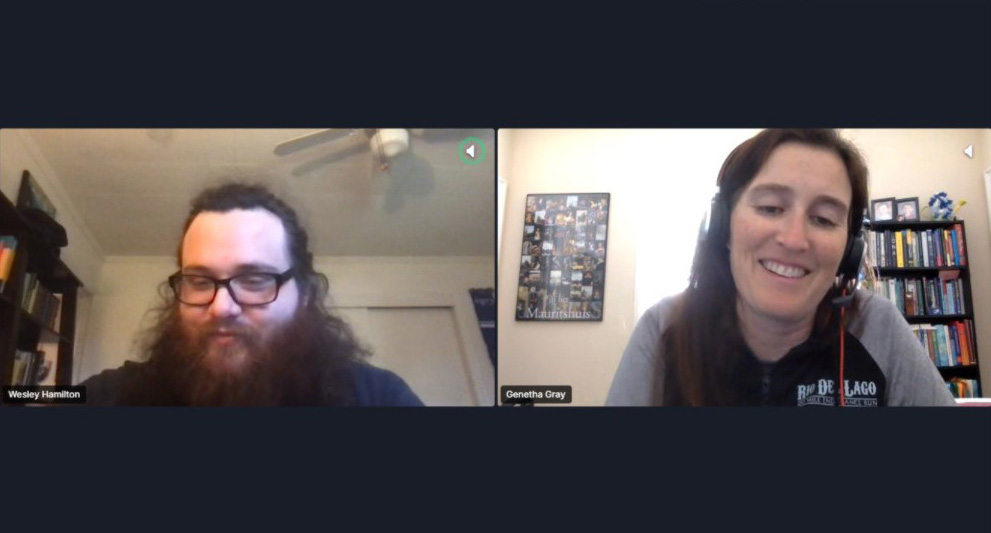 <strong>Figure 2.</strong> Author Wesley Hamilton (left) and Genetha Gray of Salesforce prepare for a “Meet a Mathematician” session at the virtual National Math Festival (NMF) in April 2021.