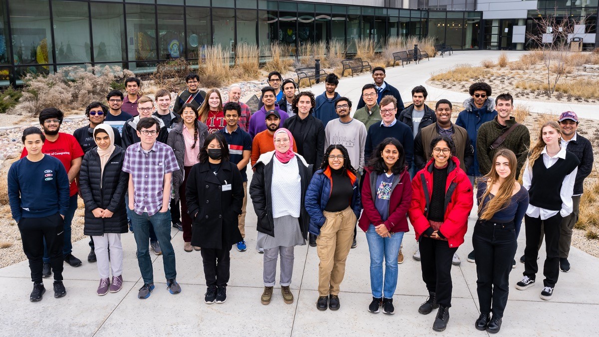 Members of the “Chicagoland” SIAM student chapters at the Illinois Institute of Technology, Northwestern University, and the University of Illinois Chicago gather at Argonne National Laboratory’s Theory and Computing Sciences Building during a joint visit in March 2023. Photo courtesy of Argonne National Laboratory.