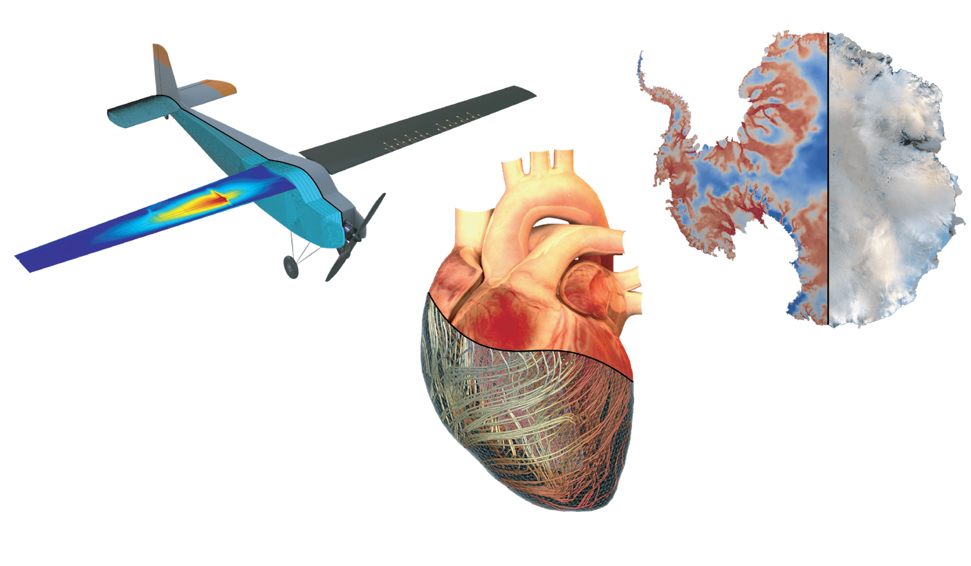 &lt;strong&gt;Figure 1.&lt;/strong&gt; Digital twins can enable asset-specific monitoring, analysis, prediction, and intervention in a range of applications, including engineering systems like aircraft and natural systems like biological organs and environmental systems. Aircraft image adapted from [3], heart model courtesy of Michael Sacks and Greg Foss, and Antarctica model courtesy of Omar Ghattas.