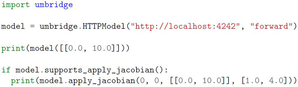 &lt;strong&gt;Figure 3.&lt;/strong&gt; Python example that points UM-Bridge to a model named “&lt;span style=&quot;font-family:&#x27;Courier New&#x27;&quot;&gt;forward&lt;/span&gt;” and requests a model evaluation \(F((0,10)^\top)\) and Jacobian action \(J((0,10)^\top) (1,4)^\top\).