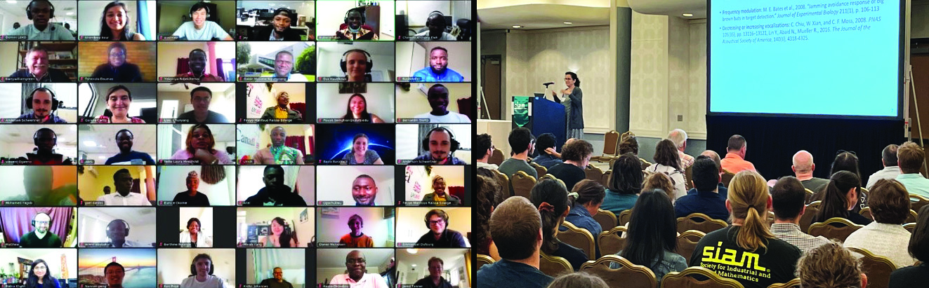 SIAM conferences and events have experienced major shifts in format over the last several years due to the COVID-19 pandemic. On the left, attendees of a SIAM activity group webinar network via Zoom. On the right, audience members at the fully in-person 2023 SIAM Conference on Applications of Dynamical Systems—which took place in Portland, Ore., this May—listen to Nicole Abaid of Virginia Tech deliver an invited presentation about models of collective motion. SIAM photos.