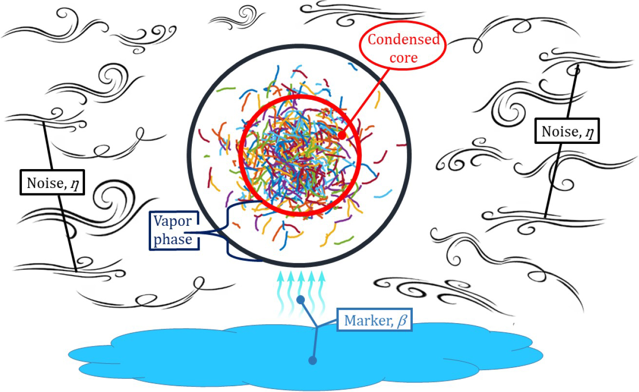 &lt;strong&gt;Figure 1.&lt;/strong&gt; This swarm, which is illustrated by short trajectories of 300 simulated particles, exhibits a condensed core and surrounding vapor phase. A marker on the ground and atmospheric noise are also present. See Animation 1 to observe the swarm’s motion. Figure courtesy of Rafael González-Albaladejo.