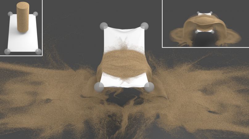 &lt;strong&gt;Figure 3.&lt;/strong&gt; Two-way coupling between a piece of elastic cloth and seven million grains of sand. Image courtesy of [1].