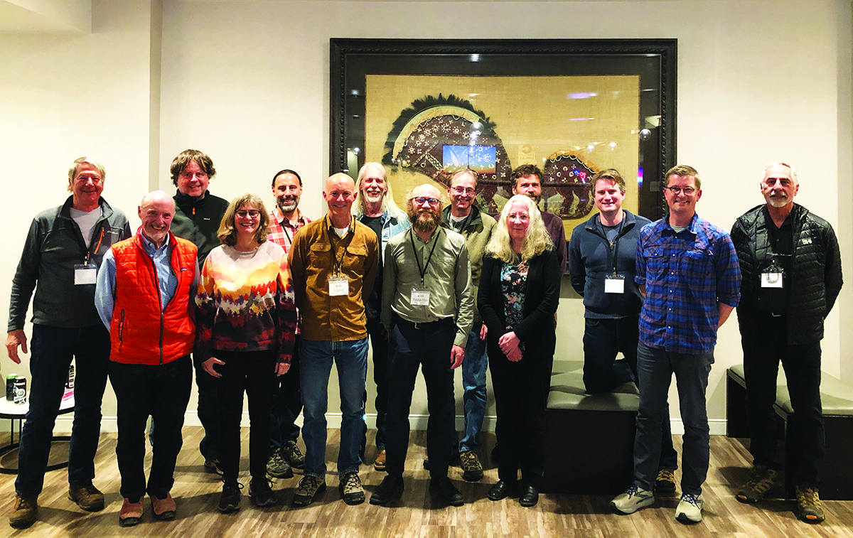 Program committee members of the 2023 Copper Mountain Conference on Multigrid Methods, which took place in April, gather for a group photo. From left to right: Tom Manteuffel, Kirk Jordan, Hans De Sterck, Ulrike Meier Yang, Eric Cyr, Robert Falgout, John Ruge, Scott MacLachlan, David Moulton, Susanne Brenner, Jacob Schroder, James Adler, Luke Olson, and John Shadid. Photo courtesy of Susanne Brenner.