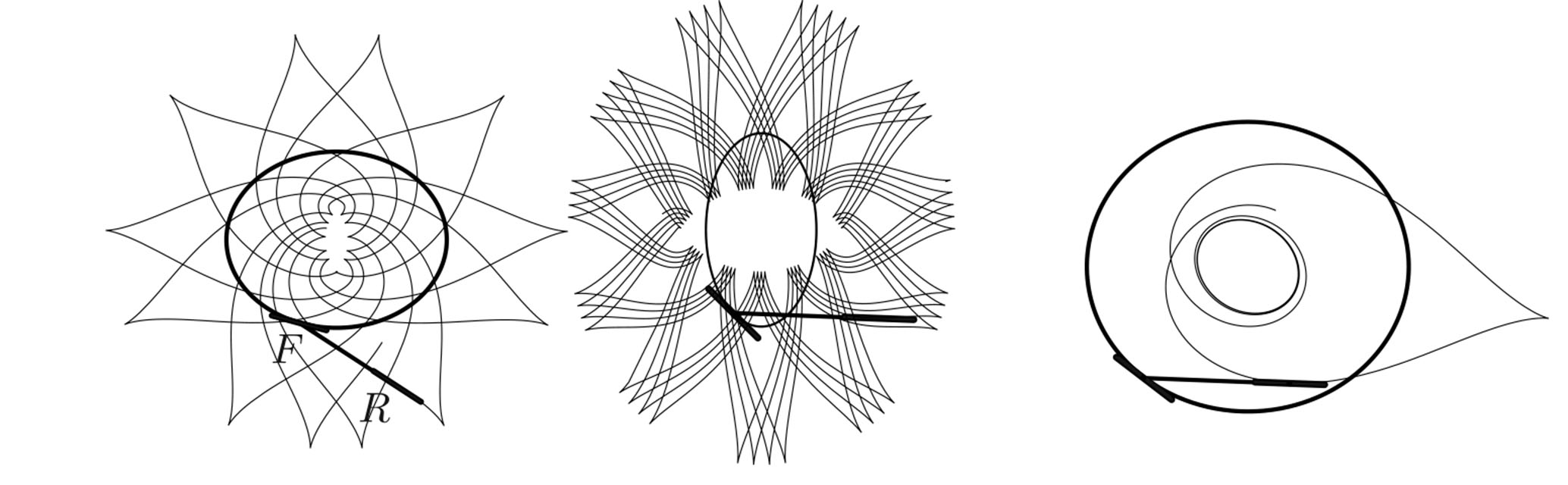 <strong>Figure 2.</strong> Some paths of the rear wheel as the front wheel traces out the heavier path multiple times.
