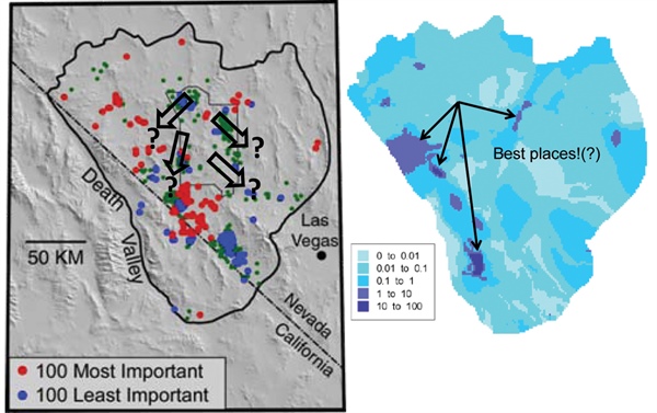 &lt;strong&gt;Figure 3.&lt;/strong&gt; Importance of observations to predictions of transport within the Nevada National Security Site (NNSS). Left, the NNSS is outlined in gray and the model boundary in black, and the transport locations are represented schematically. The observation–prediction (OPR) statistic is used to measure observation importance [16]. The existing old 501 hydraulic head observations are ranked. Right, evaluation of one potential new head measurement anywhere in model layer 1. The most important observations in the southwestern part of the model occur largely because the rocks there are defined in the model as hydraulically similar to the rocks in the NNSS, but their occurrence here under steep head gradients facilitates estimation of the parameter value. Each of these results required 49 parallelizable model runs. (Modified from [7] and [15].)