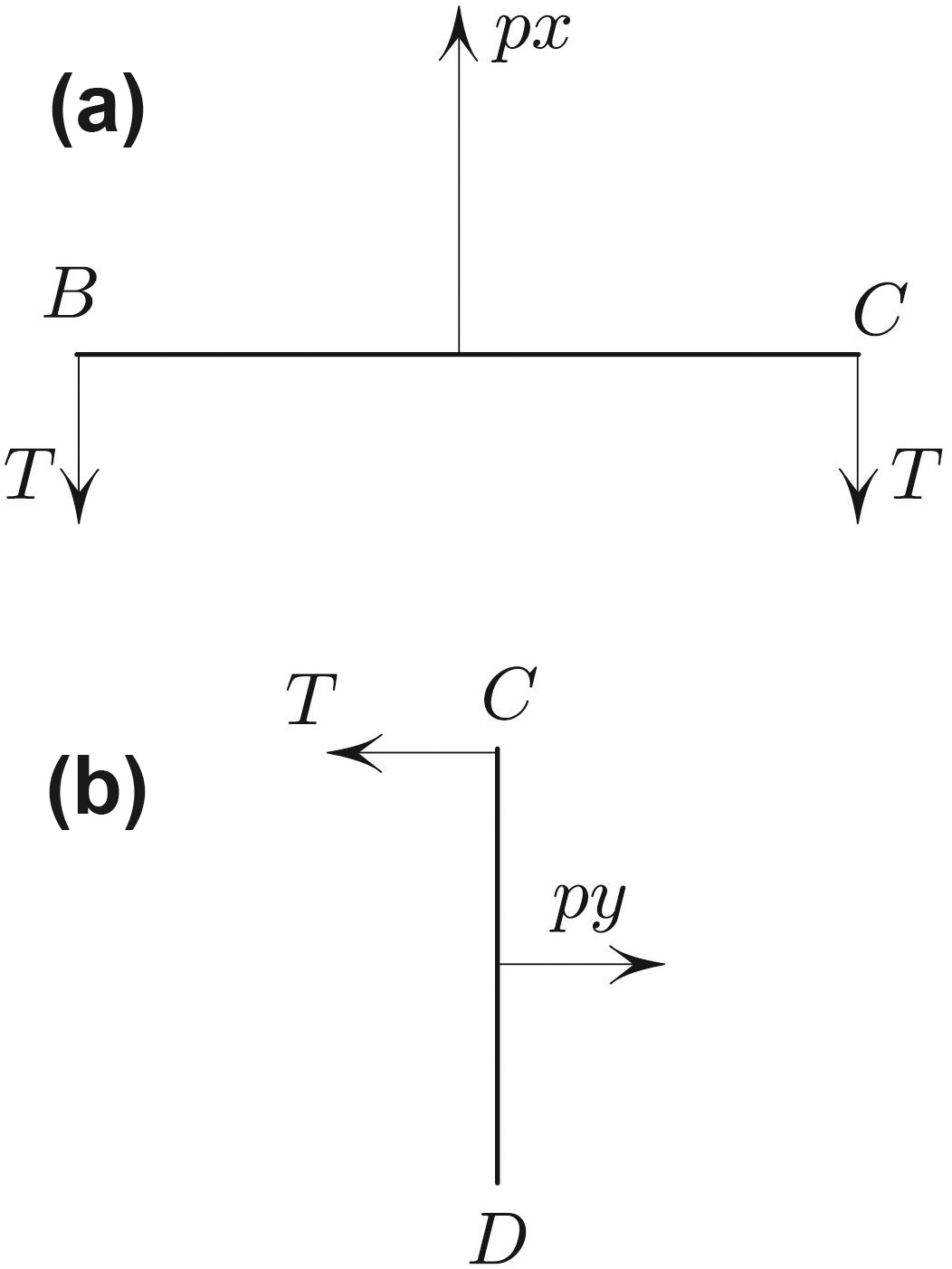 &lt;strong&gt;Figure 2.&lt;/strong&gt; Force balance on the top side (2a) and on the right side (2b). The band is slippery; its tension \(T\) is therefore the same throughout. Horizontal force at \(D\) vanishes because the slider is frictionless.