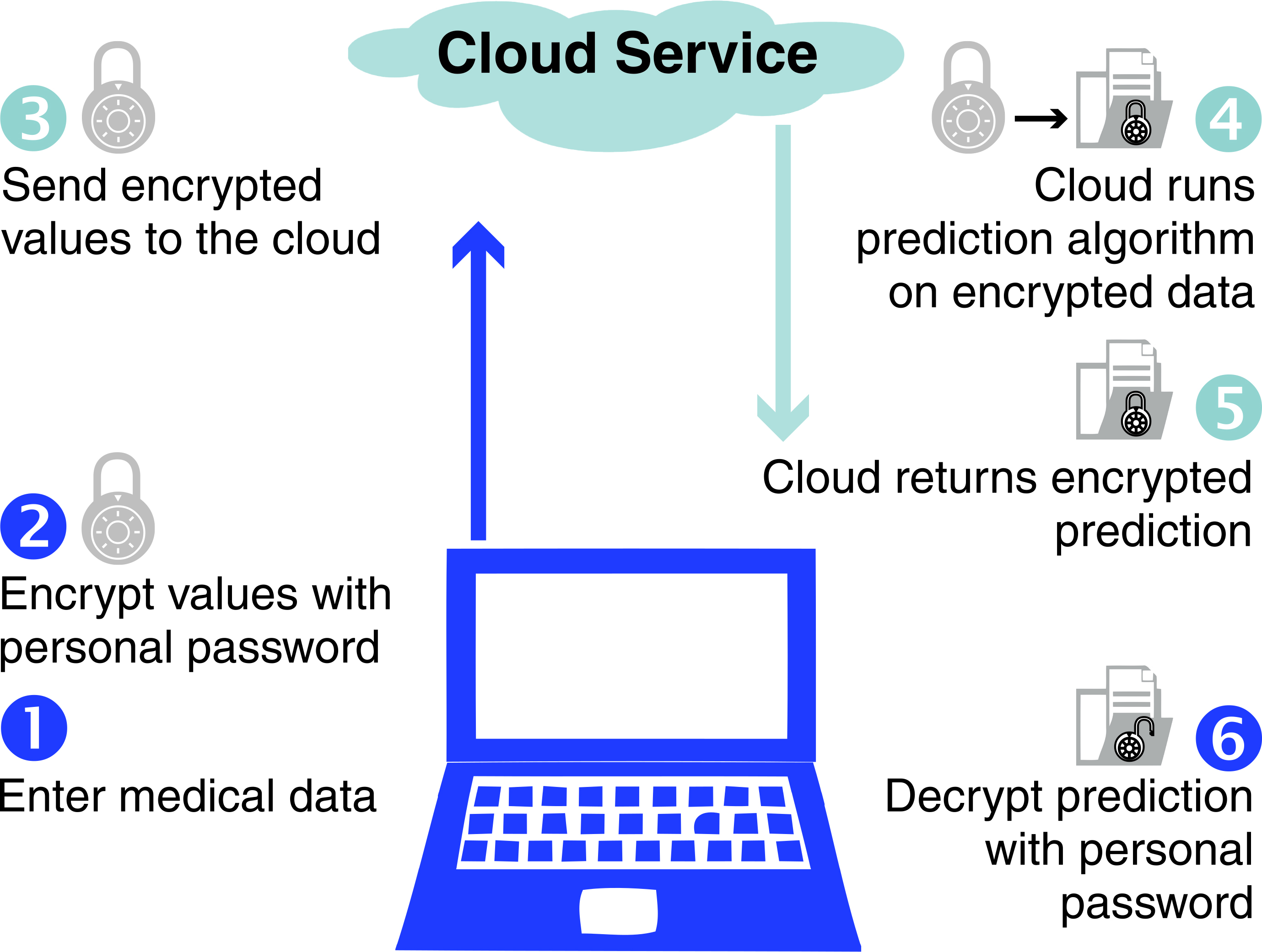 &lt;strong&gt;Figure 2.&lt;/strong&gt; Private cloud service to predict health outcomes on encrypted medical data. Figure courtesy of SIAM.