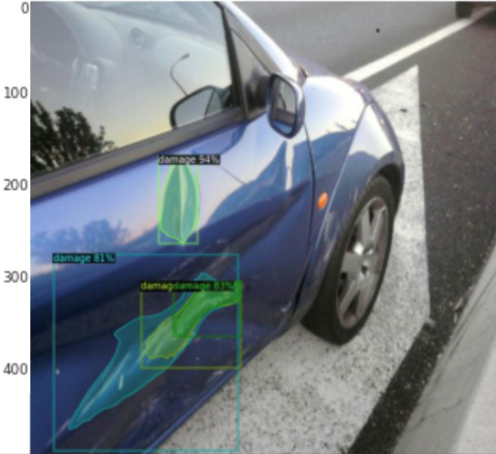<strong>Figure 2.</strong> Our automated classification and damage detection system can provide three damage locations (blue and green squares) with accuracy values of 94, 81, and 83 percent. Image courtesy of the Thai General Insurance Association.