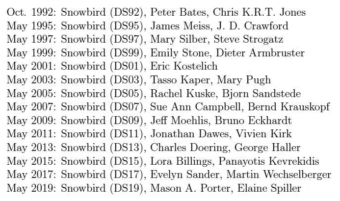 &lt;strong&gt;Table 1.&lt;/strong&gt; List of every SIAM Conference on Applications of Dynamical Systems that took place at Snowbird, and the chairs/co-chairs for each conference.