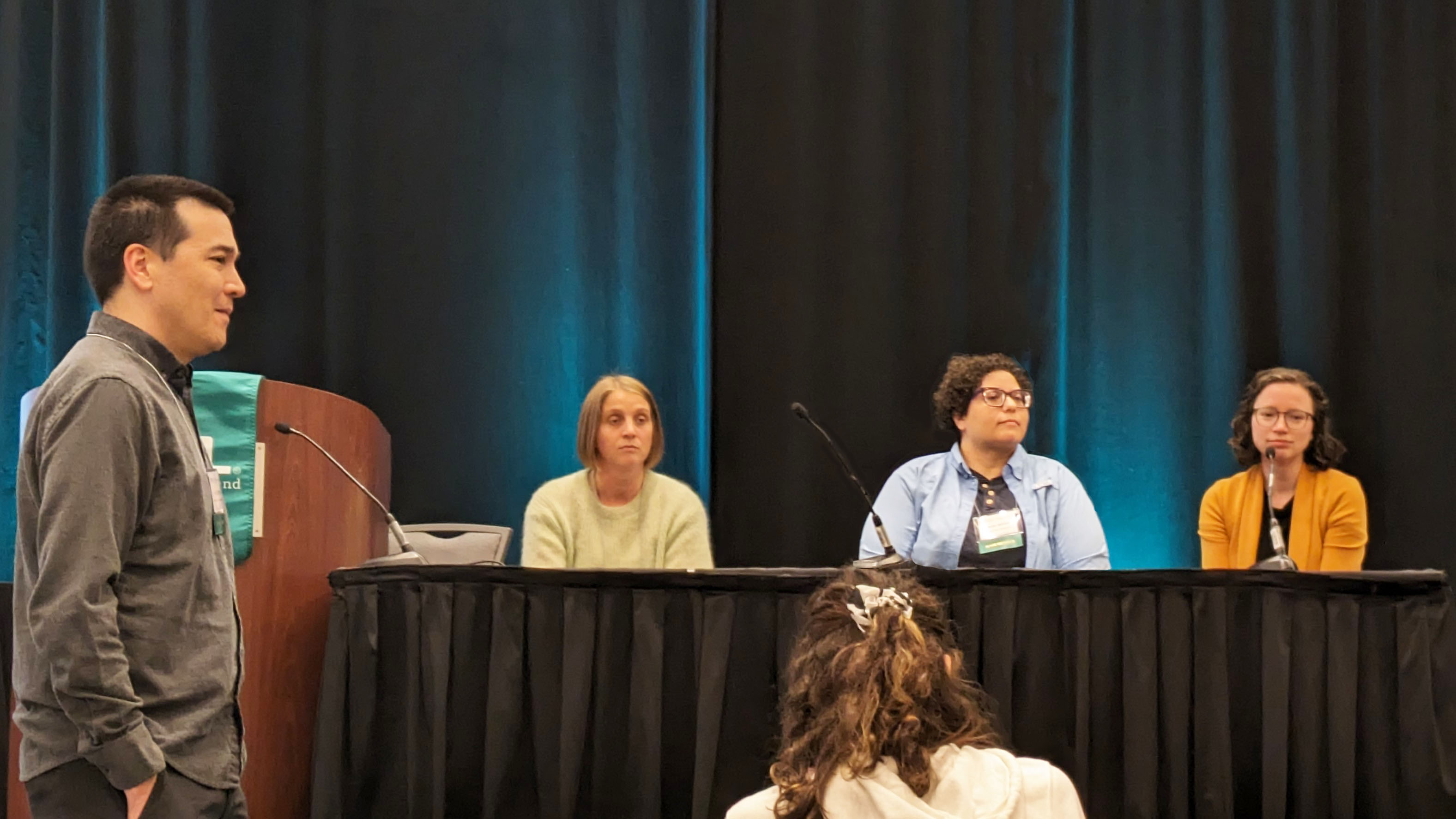 At the 2024 SIAM Conference on Mathematics of Planet Earth, which took place in Portland, Ore., this past June, a panel of researchers explored career opportunities at the intersection of mathematics, environmental science, and sustainability. From left to right: moderator Alex Cannon of the Meteorological Service of Canada and panelists Thordis Thorarinsdottir of the University of Oslo, Nicole Jackson of Sandia National Laboratories, and Alice Nadeau of C.H. Robinson. SIAM photo.