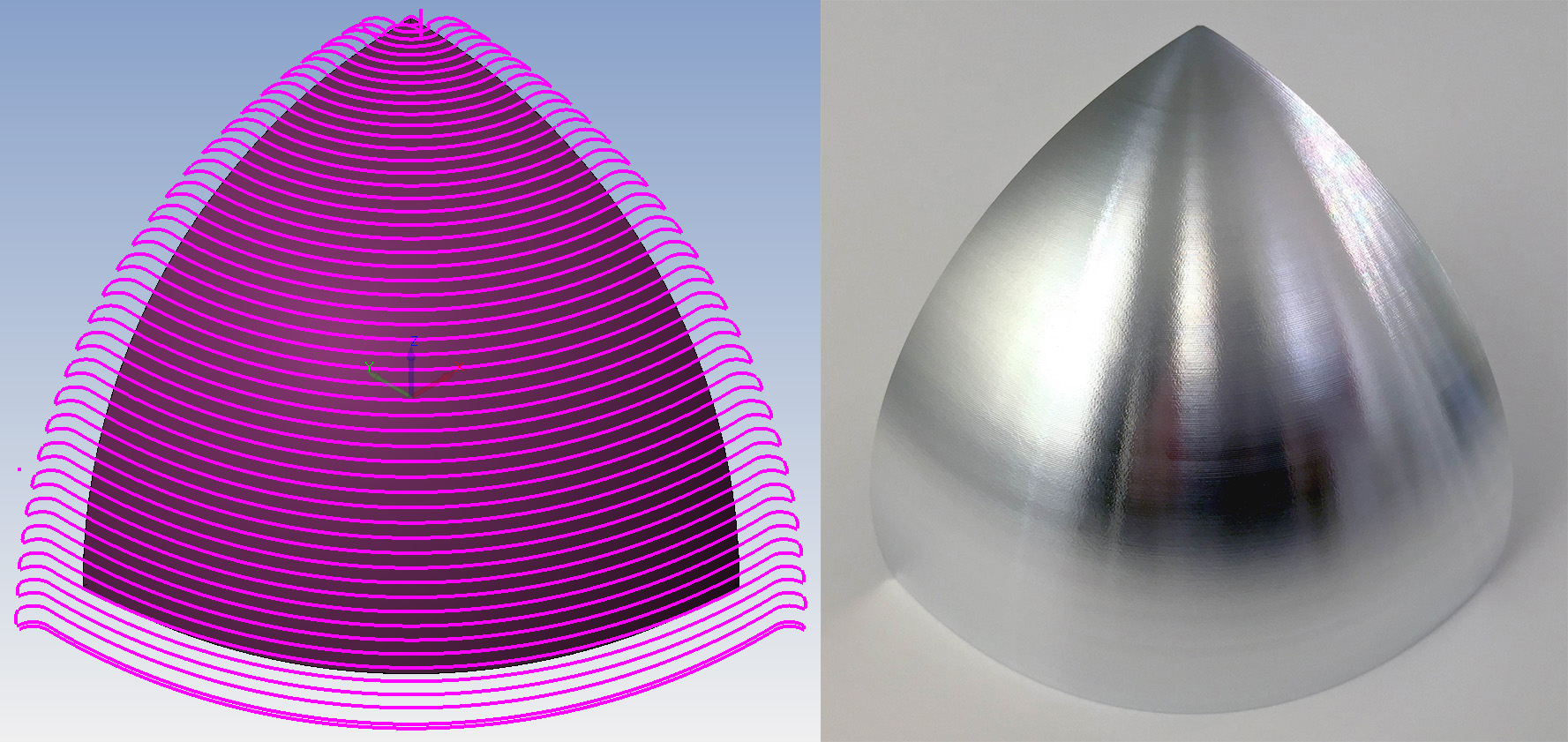 <strong>Figure 1.</strong> Depiction of the toolpaths for computer numerical control machining of a swept surface (left), and the swept surface machined in aluminum directly from its exact procedural definition (right). Figure courtesy of [2].