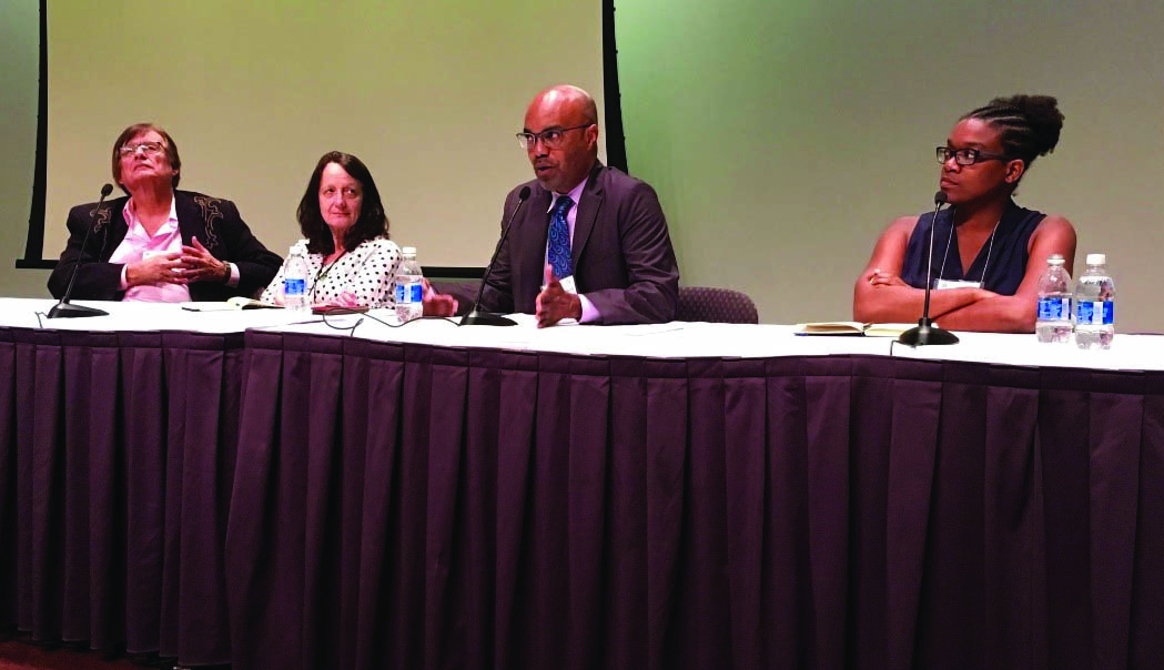 From left to right: Richard Tapia, Ami Radunskaya, Ron Buckmire, and Shelby Nicole Wilson address the audience during the panel on “Celebrating Diversity in Mathematical Sciences” at the 2017 SIAM Annual Meeting. Photo credit: Izzy Aguiar.