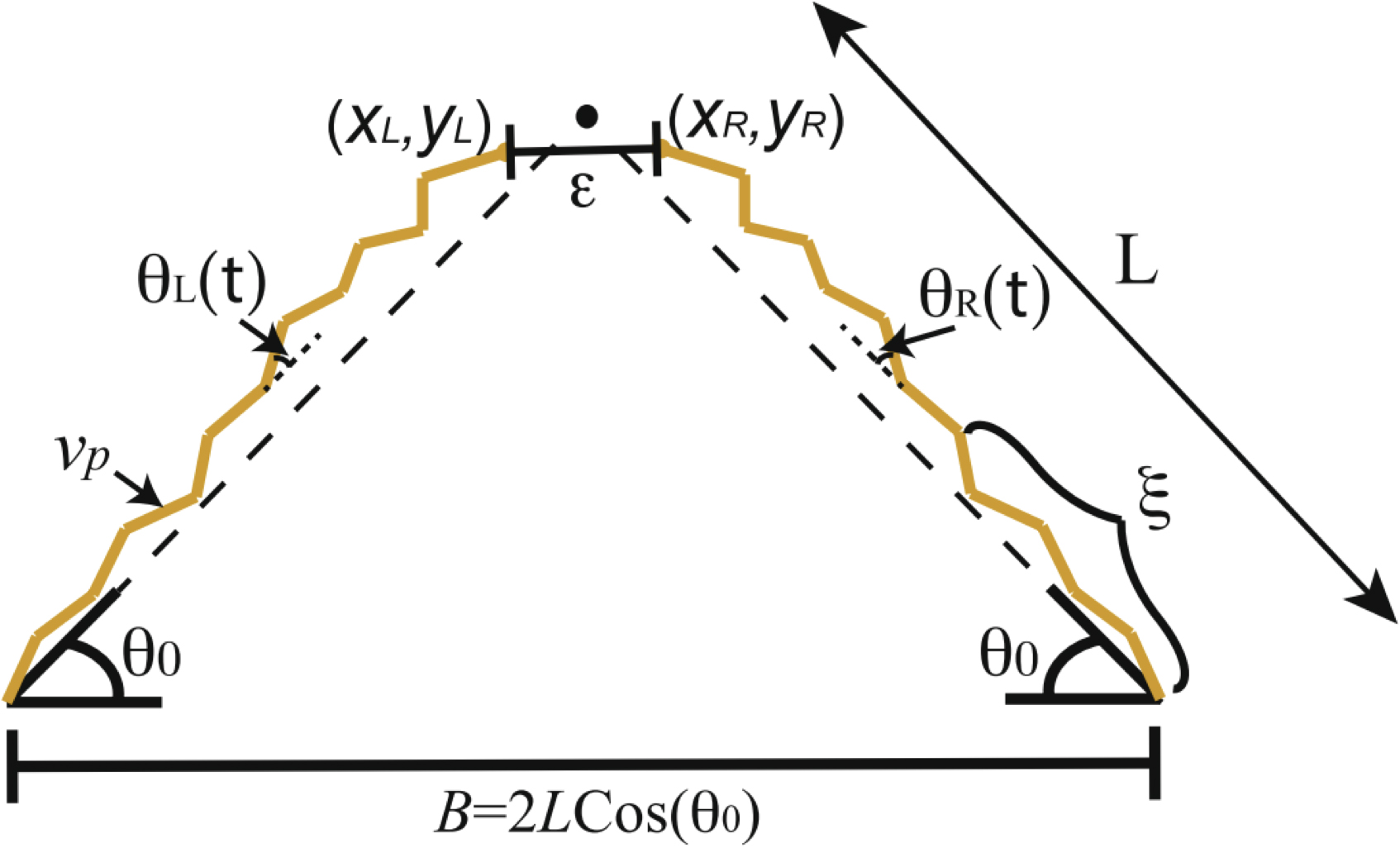 &lt;strong&gt;Figure 2.&lt;/strong&gt; A correlated random walk model describes how older children and adults visualize planar figures like triangles and reason about their Euclidean properties. In this model, the local angle evolves with accompanying noise as the triangle’s side is extrapolated. The model parameters are as follows: an inertial relaxation timescale \(\tau\) for local smoothness; a characteristic speed \(v_p\) with which the coordinates progress; a timescale \(\xi\) for global error correction (illustrated as the number of segments between error-correction events); and a noise term \(\eta(t)\) with noise amplitude \(D\langle\eta(t)\eta(t^\prime)\rangle=\) \(D\delta(t-t^\prime)\) (not shown in the figure). The stopping threshold is denoted by \(\varepsilon\), and the base angle is denoted by \(\theta_0\). The right and left extrapolations are simulated independently and are not necessarily symmetrical. Figure adapted from [3].