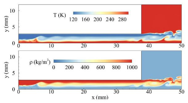 &lt;strong&gt;Figure 2.&lt;/strong&gt; Instantaneous snapshots of the simulated temperature and density flows of an injector design. Figure courtesy of [10].