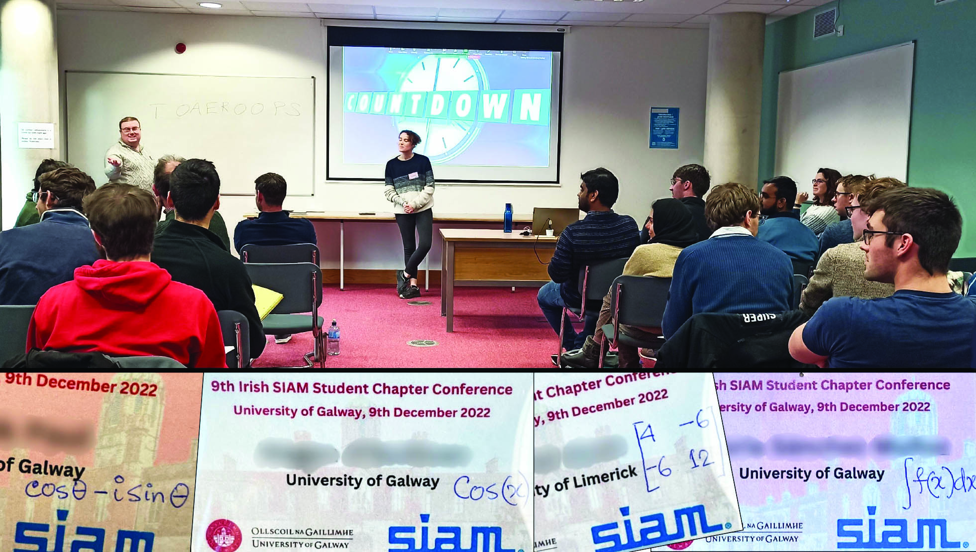 During the 9th Annual Irish SIAM Student Chapter Conference, which took place at the University of Galway in December 2022, attendees engaged in a “Mystery Session” that was based on a game show called Countdown. Examples of name badges with mathematical expressions are shown below; participants had to find their “inverses” during the coffee breaks. Photo courtesy of Tatiana Lapina.