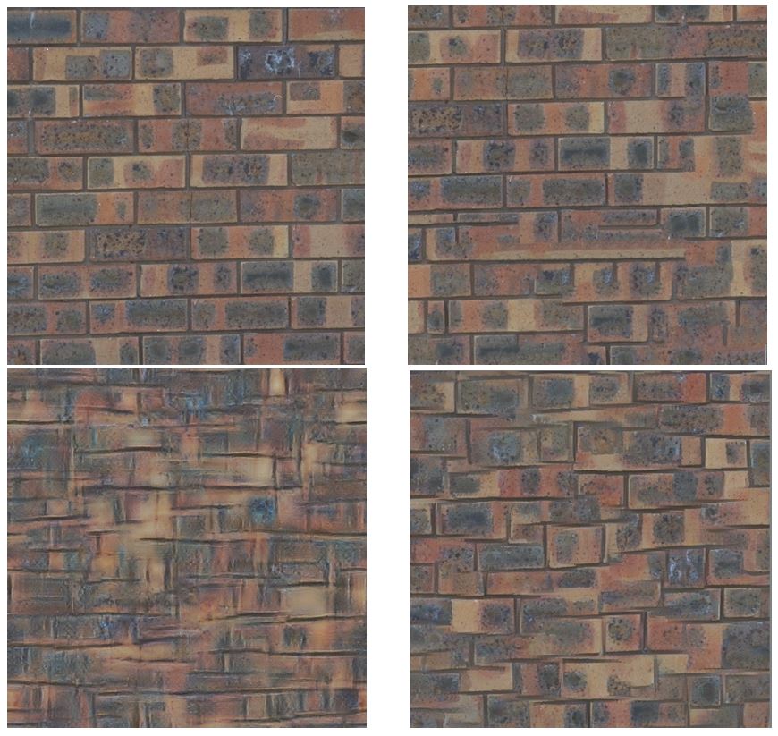 <strong>Figure 4.</strong> A brick wall and its automatic imitations by Efros-Freeman, Portilla-Simoncelli and Gatys, Ecker, and Bethge respectively. Each fails in its own way.