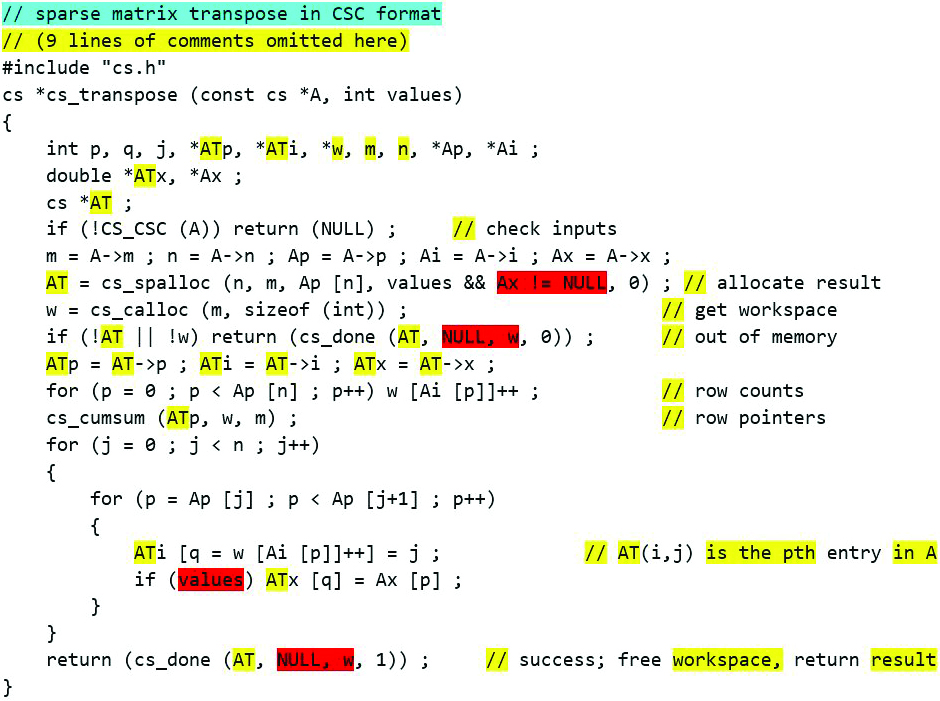 &lt;strong&gt;Figure 2.&lt;/strong&gt; The code that Copilot emitted, which began with the prompt “&lt;span style=&quot;font-family:&#x27;Courier New&#x27;&quot;&gt;// sparse matrix transpose in CSC format&lt;/span&gt;” (colored in cyan). The red and yellow highlights illuminate the differences between the two versions; yellow represents trivial alterations and red represents significant changes in logic. Figure courtesy of Tim Davis.