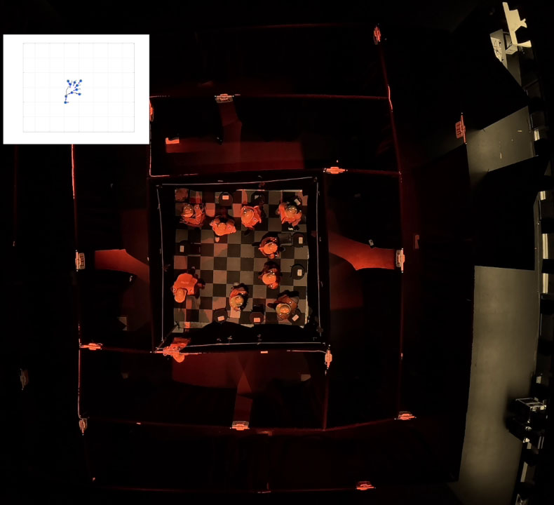 <strong>Figure 1.</strong> A demonstration of the beginning of an evacuation experiment in the constructed maze, with the motion capture of participants shown in the inset. Figure courtesy of Sachit Butail.