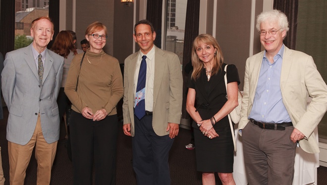 Making the transition from high-profile publishing positions within SIAM, Pam Cook (second from left) begins a two-year term as SIAM president on January 1. She succeeds Irene Fonseca (second from right), some of whose world travels on behalf of SIAM are documented in this and previous issues of SIAM News. Cook and Fonseca are shown here with predecessors, from left, Gil Strang (1999–2000), Doug Arnold (2009-10), and Nick Trefethen (2011-12). Photo by David Sytsma, Corporate Chicago Photography.