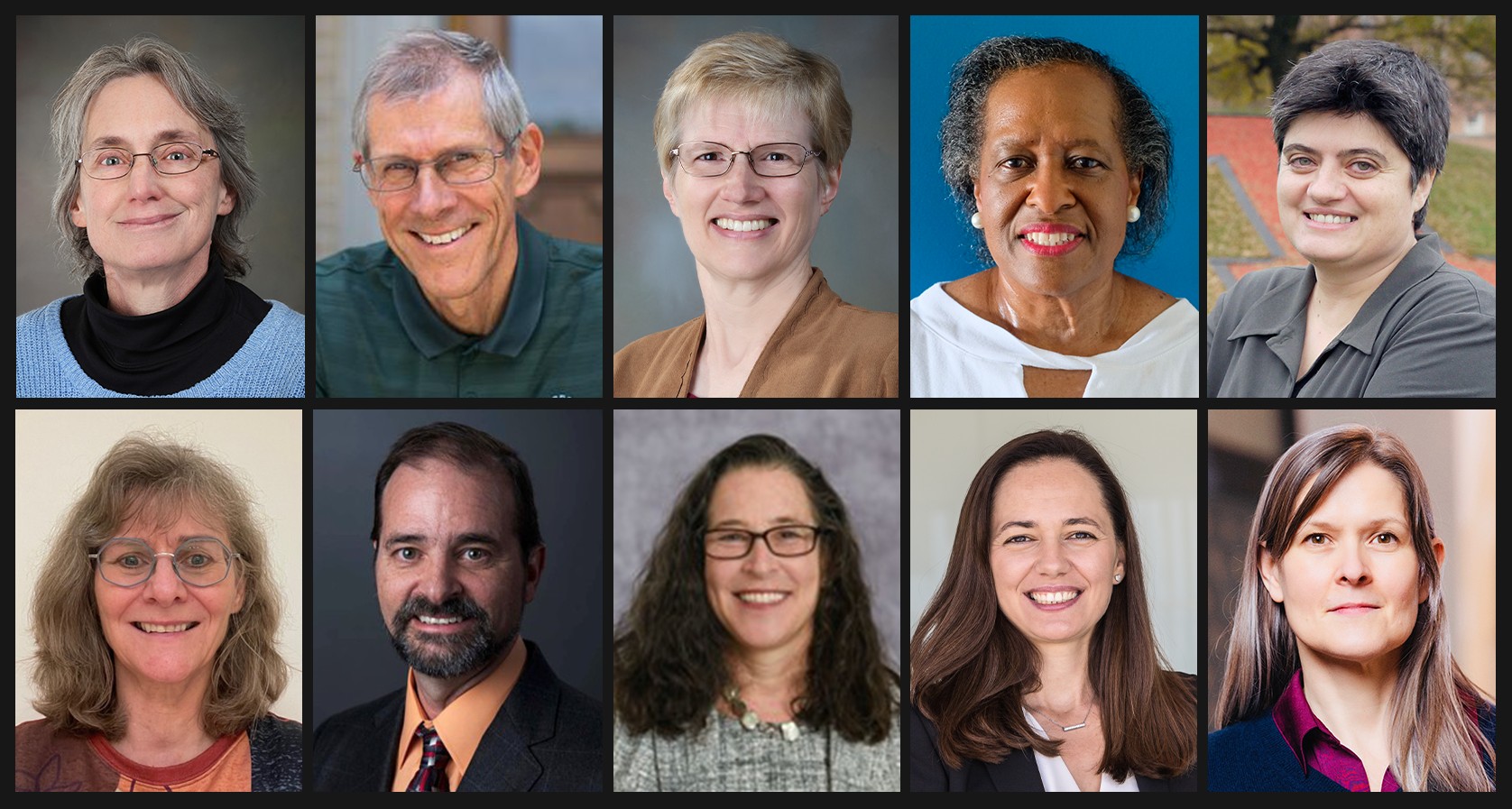 The newly elected leadership of SIAM. Top row, left to right: President-Elect Cynthia Phillips (Sandia National Laboratories), Vice President-at-Large Simon Tavener (Colorado State University), Secretary Karen Devine (Sandia National Laboratories, retired), and SIAM Board of Trustees members Bonita Saunders (National Institute of Standards and Technology) and Konstantina Trivisa (University of Maryland). Bottom row, left to right: SIAM Board of Trustees member Ulrike Meier Yang (Lawrence Livermore National Laboratory, retired) and SIAM Council members Luis Chacón (Los Alamos National Laboratory), Rachel Levy (North Carolina State University), Noemi Petra (University of California, Merced), and Jennifer Ryan (KTH Royal Institute of Technology). Photos courtesy of the elected individuals.