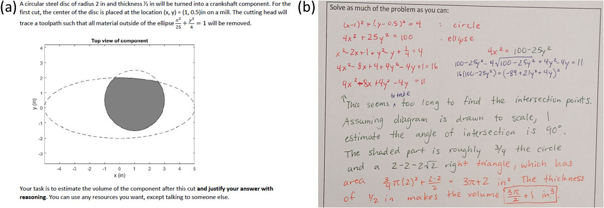 &lt;strong&gt;Figure 1.&lt;/strong&gt; Our educational experiment prompted students to solve a problem and justify their reasoning. &lt;strong&gt;1a.&lt;/strong&gt; The problem, with multiple possible solution paths, that was given to undergraduate and graduate student participants. &lt;strong&gt;1b.&lt;/strong&gt; Example of student work. Figure courtesy of the author.