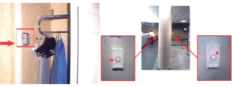 <strong>Figure 1.</strong> Optimal thermostat placement? The thermostat in the hotel room shown at left had been placed in a closet. A pillar in an airport concourse (right, courtesy of Bryan Eisenhower) had thermostats on opposing sides, set at different temperatures.