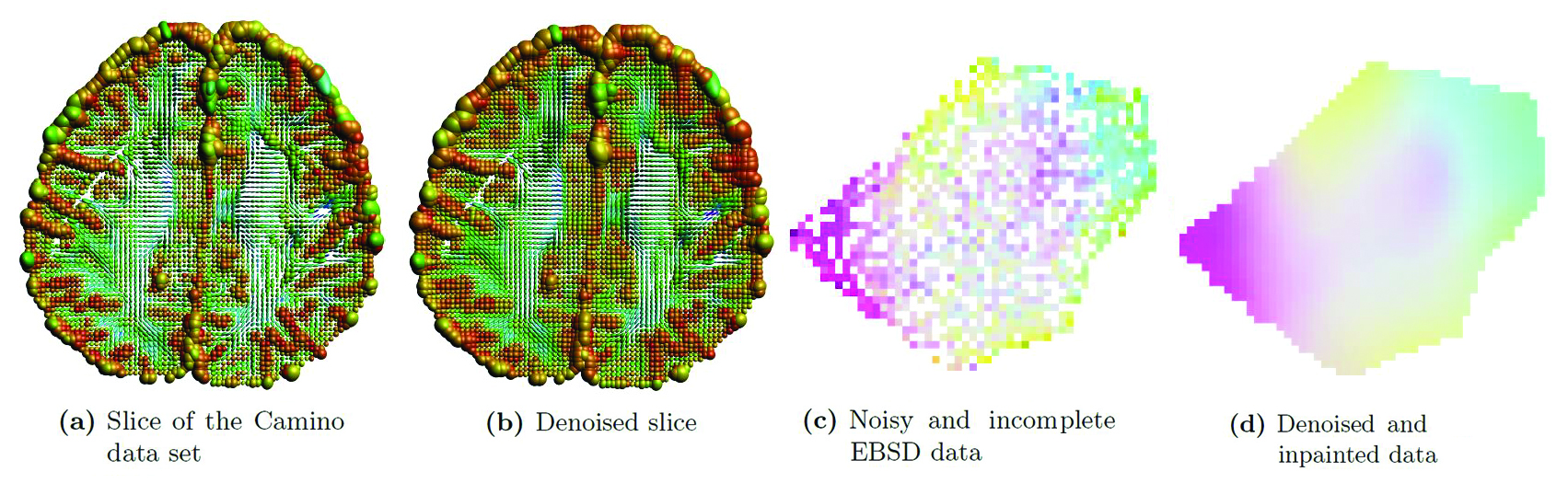 &lt;strong&gt;Figure 3.&lt;/strong&gt; Denoising and inpainting of manifold-valued images by a variational method. 3a and 3b courtesy of [2], 3c and 3d courtesy of [3].