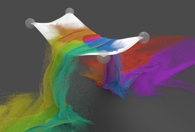 &lt;strong&gt;Figure 1.&lt;/strong&gt; The coupling of elastic cloth with seven million colored grains of sand displays dazzling flow patterns. Image courtesy of [1].