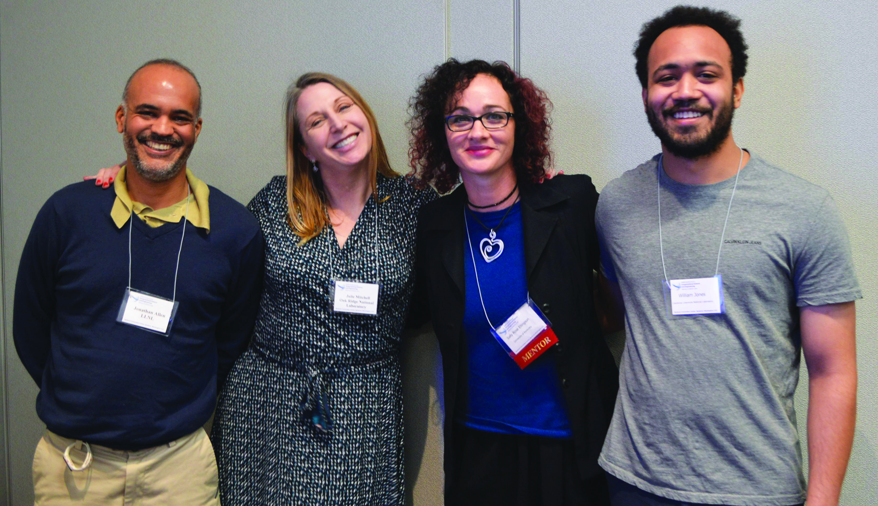 From left to right: Jonathan Allen (Lawrence Livermore National Laboratory), Julie Mitchell (Oak Ridge National Laboratory), Sally Ellingson (University of Kentucky), and Derek Jones (Lawrence Livermore National Laboratory) pose after presenting at a minisymposium about computational drug discovery during the 2019 SIAM Conference on Computational Science and Engineering, which took place in Spokane, Wash. Ellingson, who serves as a mentor to Jones, met him when he was interviewing for a research assistantship in 2016. They both spoke about the value of mentorship at the virtual 2021 SIAM Conference on Computational Science and Engineering (CSE21) earlier this year. Photo courtesy of Mary Ann Leung.