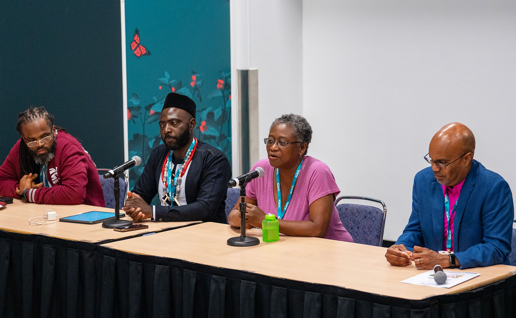 The Third Joint SIAM/CAIMS Annual Meetings, which took place this summer in Montréal, Québec, Canada, featured a panel discussion and film screening of a 2025 documentary titled Journeys of Black Mathematicians: Creating Pathways. From left to right: panelists Zerotti Woods of Johns Hopkins University, Jude Kong of the University of Toronto, Lucy Campbell of Carleton University, and moderator Ron Buckmire of Marist College. SIAM photo.