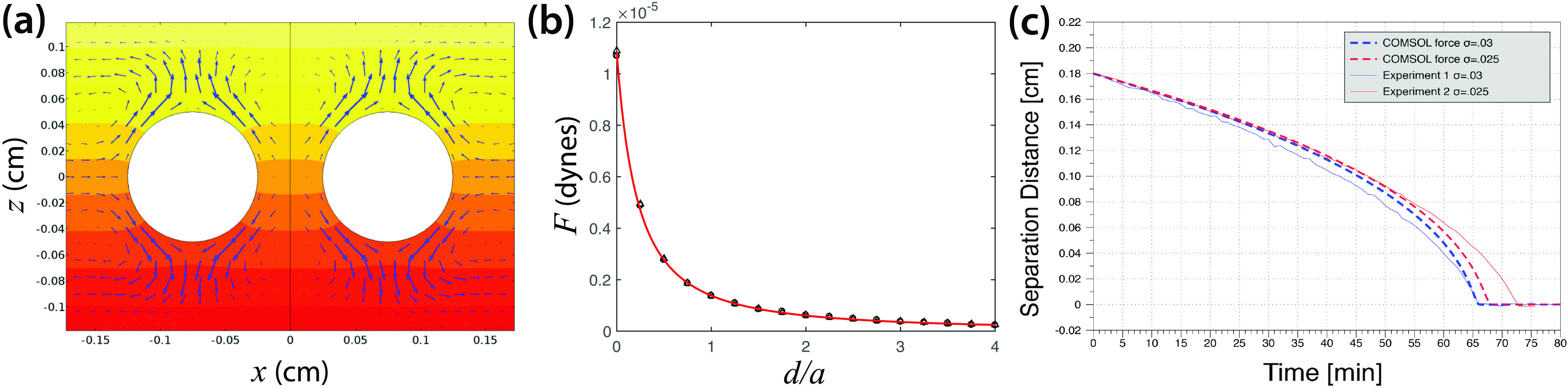 &lt;strong&gt;Figure 3.&lt;/strong&gt; COMSOL force calculations for three-dimensional simulations of two identical spheres of radius \(a\) that are separated by an amount \(d\) in linear stratification at \(Pe=5.35\). &lt;strong&gt;3a.&lt;/strong&gt; Steady-state density and flow field for two spheres at \(d=0.045\) cm in a vertical plane that slices the north and south poles. &lt;strong&gt;3b.&lt;/strong&gt; Steady attractive force on one sphere, which we compute by numerically integrating the projected stress tensor. The physical parameters are \(a = 0.045\) cm, \(\kappa=1.5\times10^{-5}\) cm&lt;sup&gt;2&lt;/sup&gt;/s, \(\sigma = 0.03\)  g/cm&lt;sup&gt;4&lt;/sup&gt;, \(g = 981\) cm/s&lt;sup&gt;2&lt;/sup&gt;, and \(\mu=0.0113\) poise. &lt;strong&gt;3c.&lt;/strong&gt; Comparison of Stokesian dynamics and two-sphere experiments for two linear background density fields: \(\sigma = 0.03\) g/cm&lt;sup&gt;4&lt;/sup&gt; and \(\sigma=0.025\) g/cm&lt;sup&gt;4&lt;/sup&gt;. Figure courtesy of [7].