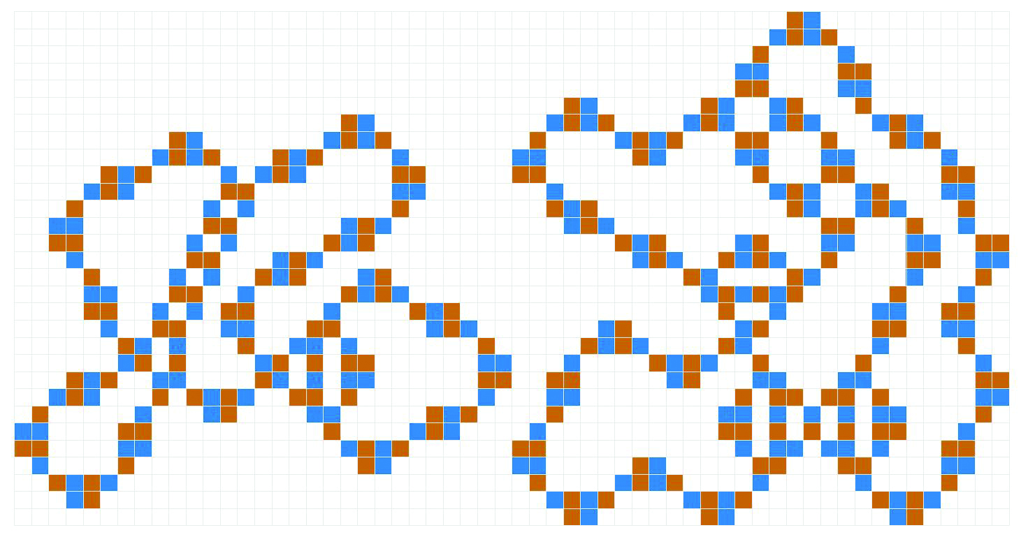 &lt;strong&gt;Figure 2.&lt;/strong&gt; If the blue and brown cells are initially colored black and white respectively, their colors will alternate on subsequent moves. Image credit: Donald Knuth and [2].