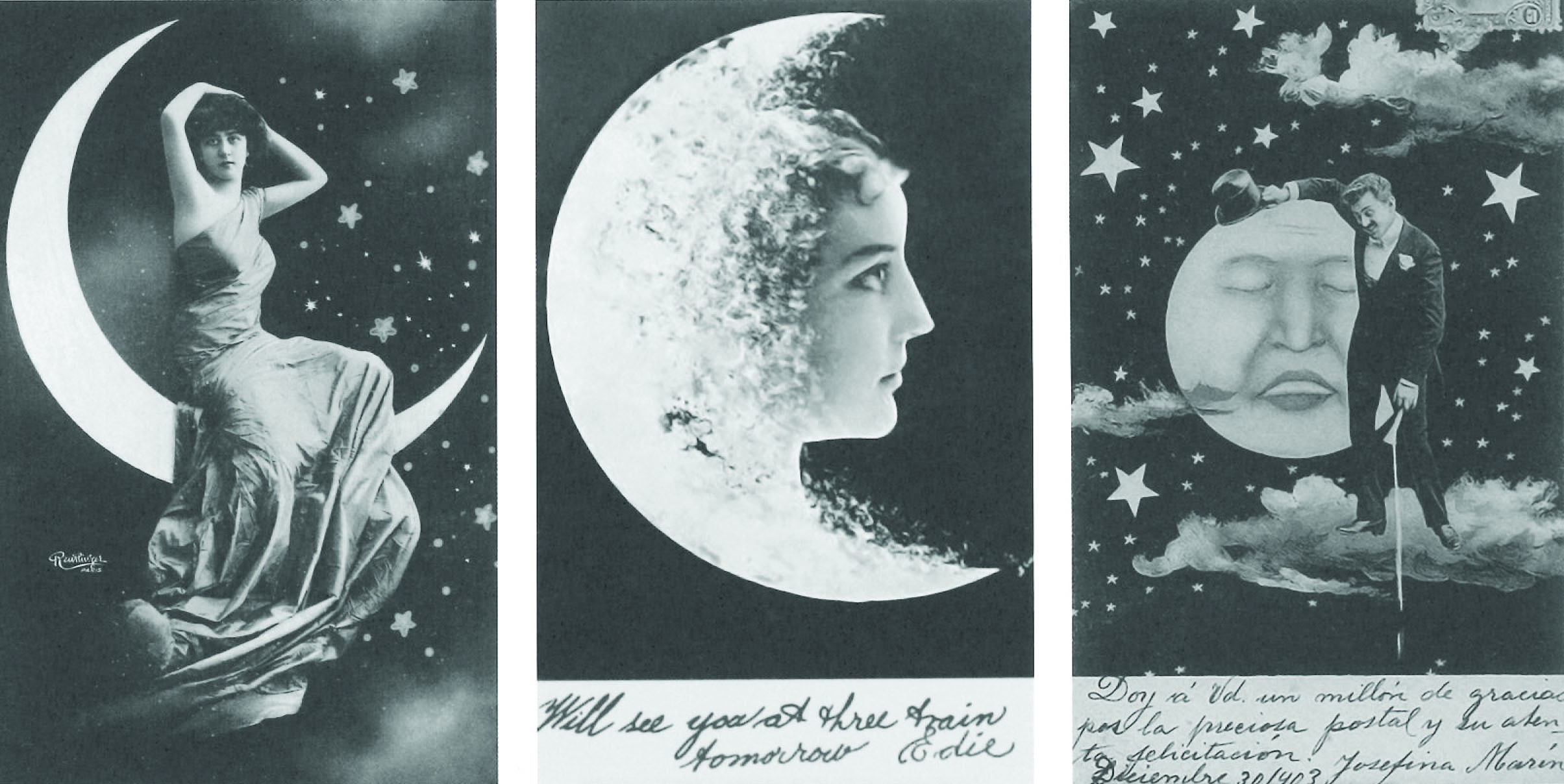 <strong>Figure 2.</strong> Examples of a popular type of calling card from the late 1800s and early 1900s, which often included a posed photo of the card’s owner with a stylized moon. Figure courtesy of <em>Lunar: A History of the Moon in Myths, Maps, and Matter</em>.
